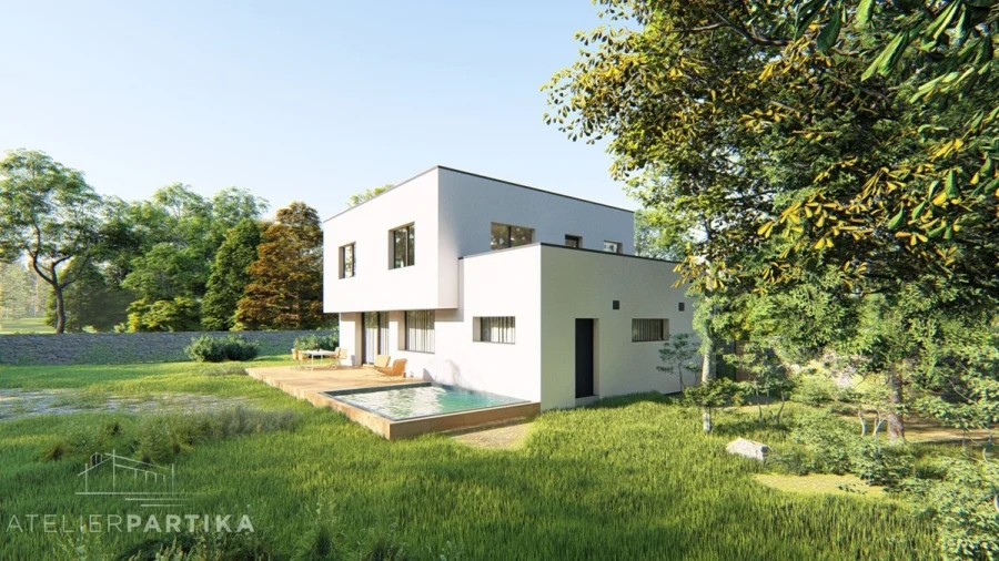 Vizualizace exteriéru – Rodinný dům Černý Most, pohled ze zahrady s bazénem a terasou
