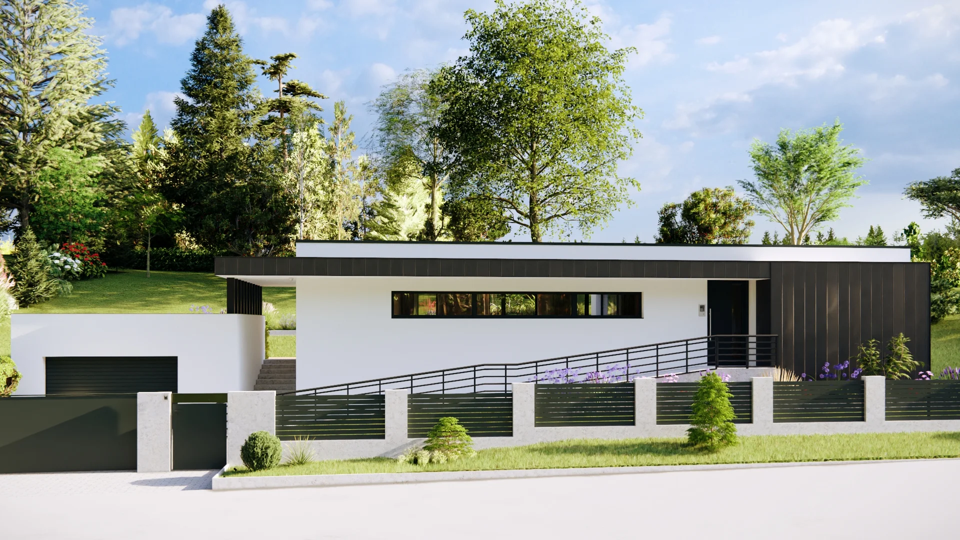 Vizualizace exteriéru – Rodinný dům Hranice, pohled od ulice s oplocením a nájezdovou rampou