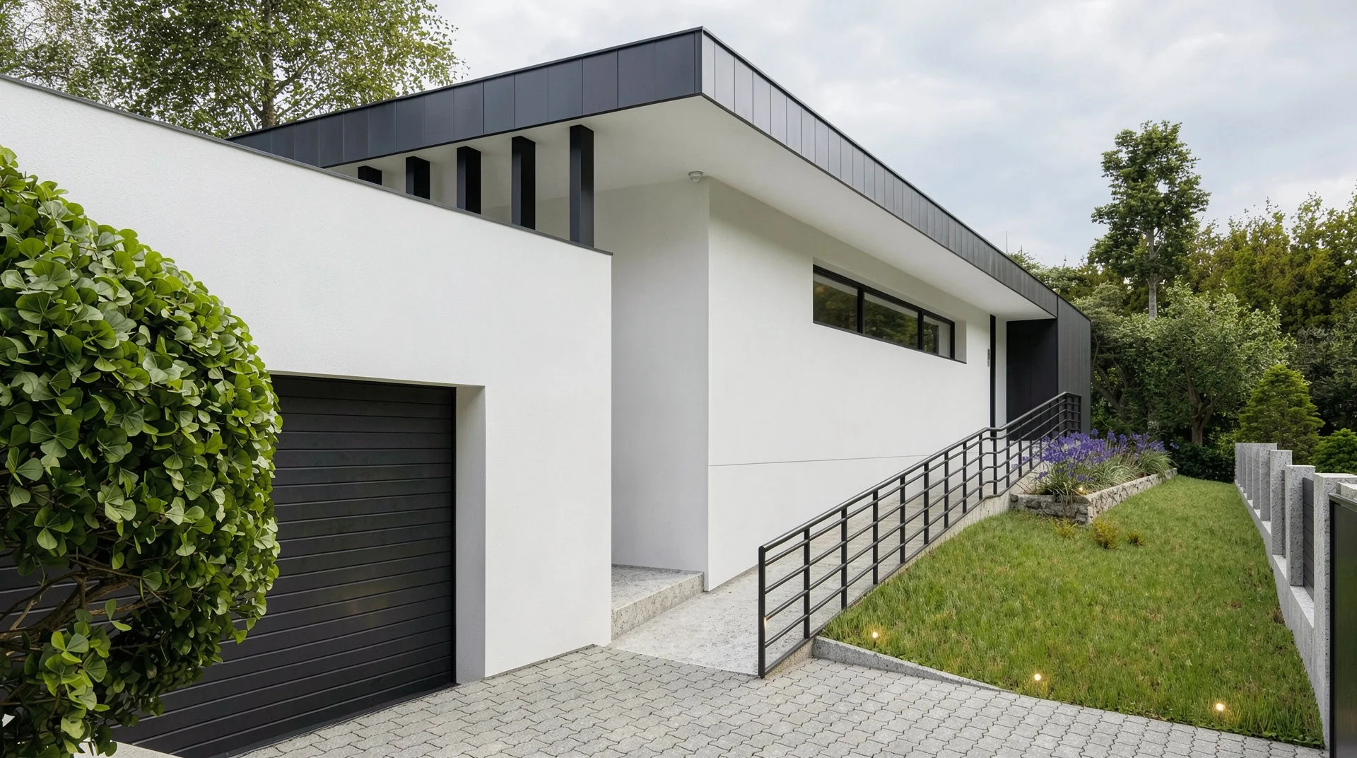 Vizualizace exteriéru – Rodinný dům Hranice, detail garáže a nájezdové rampy s kovovým zábradlím