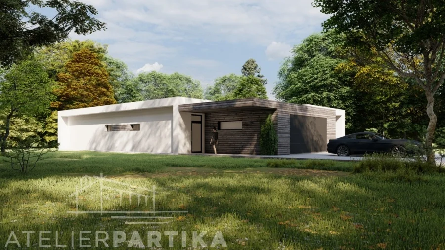 Exteriér – Rodinný dům Hukvaldy, pohled od příjezdové cesty se vstupní částí a zaparkovaným autem