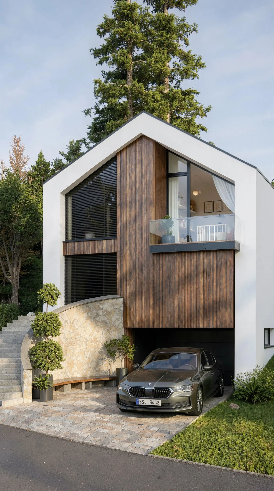Exteriér – Rodinný dům Lazínov, čelní pohled s garáží
