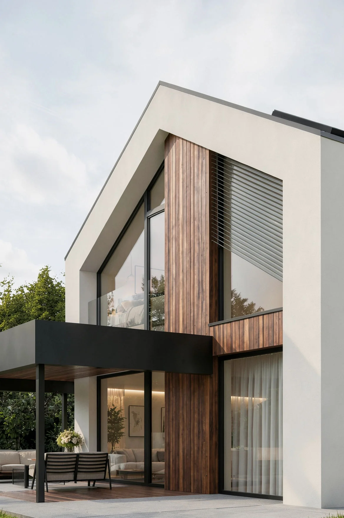 Exteriér – Rodinný dům Lazínov, detail prosklení a terasy