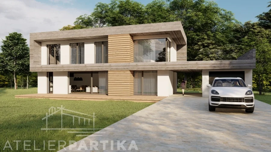 Vizualizace exteriéru – Rodinný dům Sadová, čelní pohled s krytým stáním pro auto