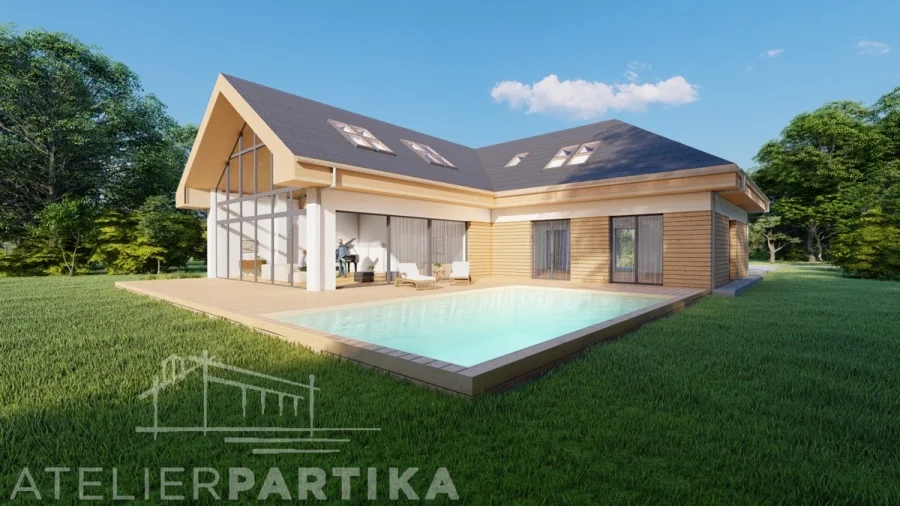 Vizualizace exteriéru – Rodinný dům Sivice, celkový pohled s prosklenou štítovou stěnou a bazénem