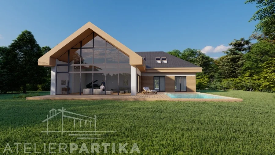 Vizualizace exteriéru – Rodinný dům Sivice, čelní pohled na prosklenou štítovou stěnu obývacího pokoje a terasu s bazénem
